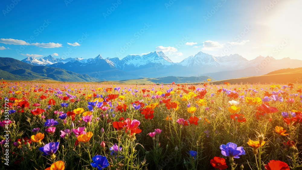 Fototapeta premium A vibrant field of colorful wildflowers stretches towards the distant snow-capped mountains under a bright, clear blue sky