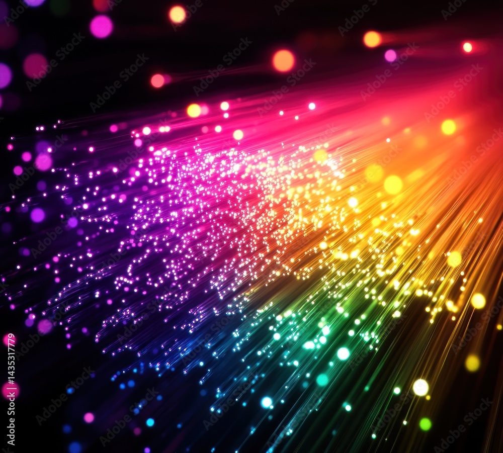 Fototapeta premium Colorful fiber optic light streaks on black background.
