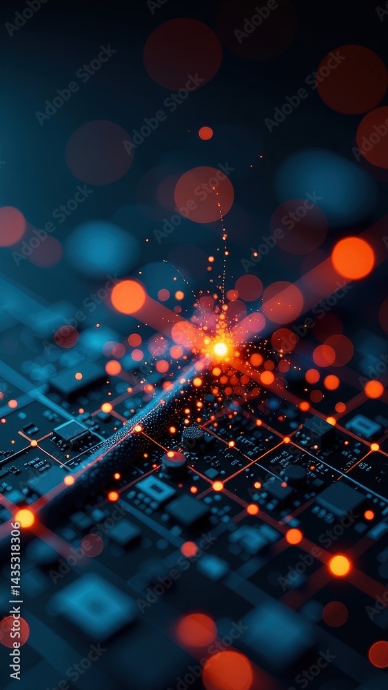 Fototapeta premium Close-up of glowing circuit board with abstract light patterns and bokeh effects.