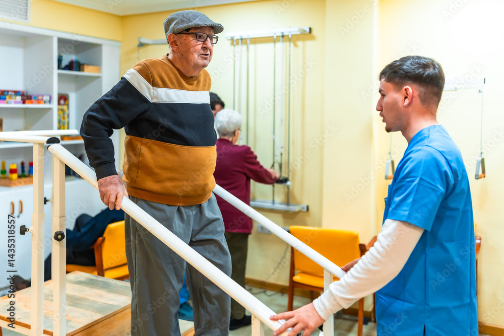 Elderly man doing physical therapy exercises with professional physiotherapist in nursing home