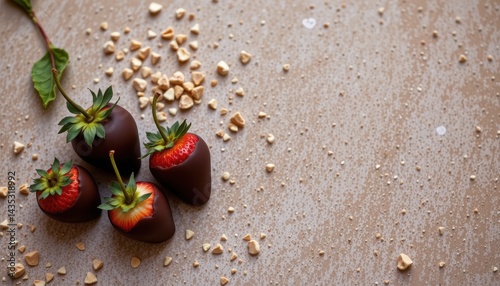 Obraz na płótnie Minimalist top down photo of chocolate covered strawberries, placed on the left side over soft event surface w salonie