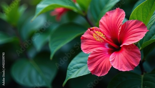 Bold hibiscus blooms, lush tropical foliage, vibrant colors, print, jungle, colorful