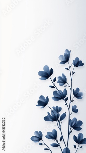 A minimalist botanical illustration showcases an elegant cluster of dark blue flowers reminiscent of blue-eyed grass, artistically arranged against a soft, light blue background,