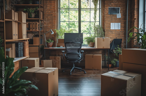 Office with Boxes and Furniture Ready for Moving into New Workspace