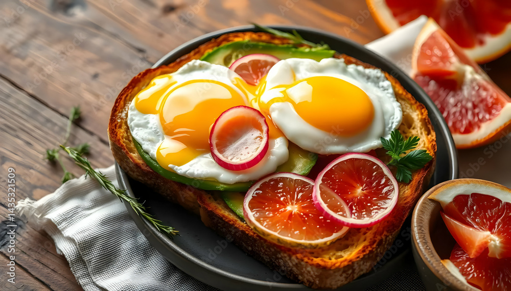Delicious Breakfast of Poached Eggs on Toast with Fresh Veggies and Citrus Slices