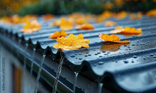 Raindrops cascading from a metal roof adorned with vibrant orange leaves in a serene setting