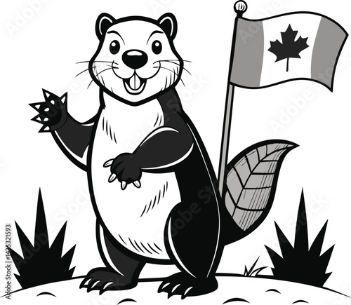 A cute cartoon vector illustration shows a black squirrel silhouette, a furry rodent with a bushy tail, drawn in an outline style, an animal design