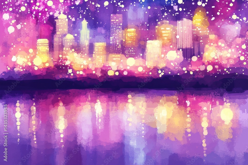 Obraz premium Watercolor Cityscape at Night with Light Reflections on Water Surface in Purple and Gold Tones, Artistic Painting Style, Urban Skyline, Nighttime Atmosphere