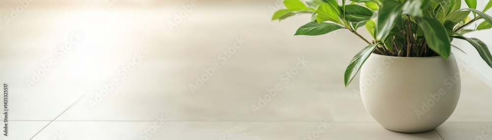 A serene indoor scene featuring a potted plant with lush green leaves, placed on a light-colored floor, creating a calming atmosphere.