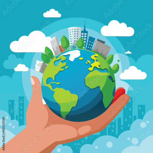 A human hand gently holding the blue and green sphere of planet Earth, a global concept of care and protection for our world
