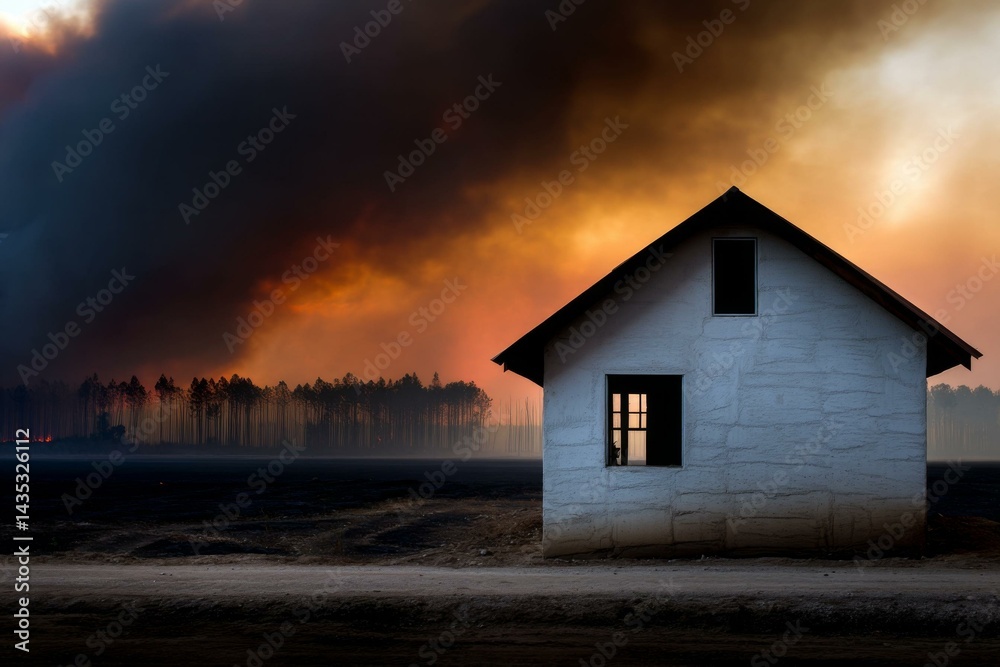 Naklejka premium Abandoned House Near Forest Fire With Smoke and Orange Glow in Sky; Disaster Scene Depicting Potential Loss and Ruin