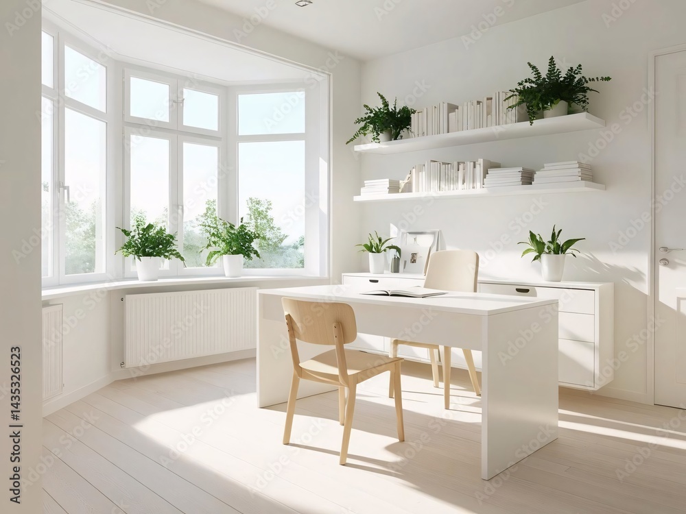 Fototapeta premium Bright Minimalist Home Office Interior with Desk and Plants