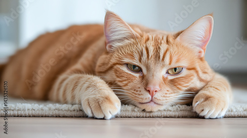 Ginger cat lying on the floor beside the rug at home. Bored cat face close up.
