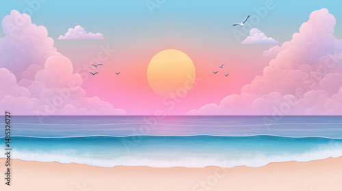 Cute cartoon vector illustration in flat style of Sandy beach with shells, starfish,straw hat , Landscape  and rising sun in the sky with soft pastel colors summer dawn,size16:9.