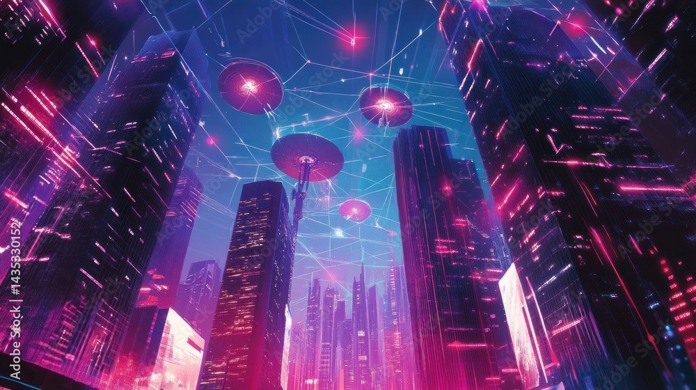 Fototapeta premium Futuristic cityscape at night with flying saucers. Neon lights illuminate towering buildings connected by digital network.
