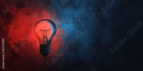 Glowing light bulb on red and blue background.