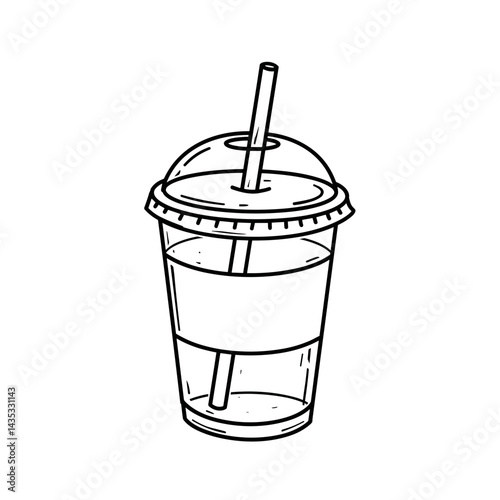 Outline of a plastic cup with straw for drinks and refreshments in a minimalistic style

