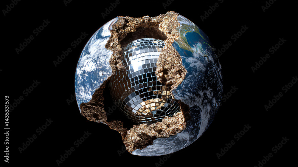 Earth Exposed: A conceptual composition unveils a disco ball heart at the core of the planet, symbolizing the intersection of nature and celebration, a unique and thought-provoking visual.