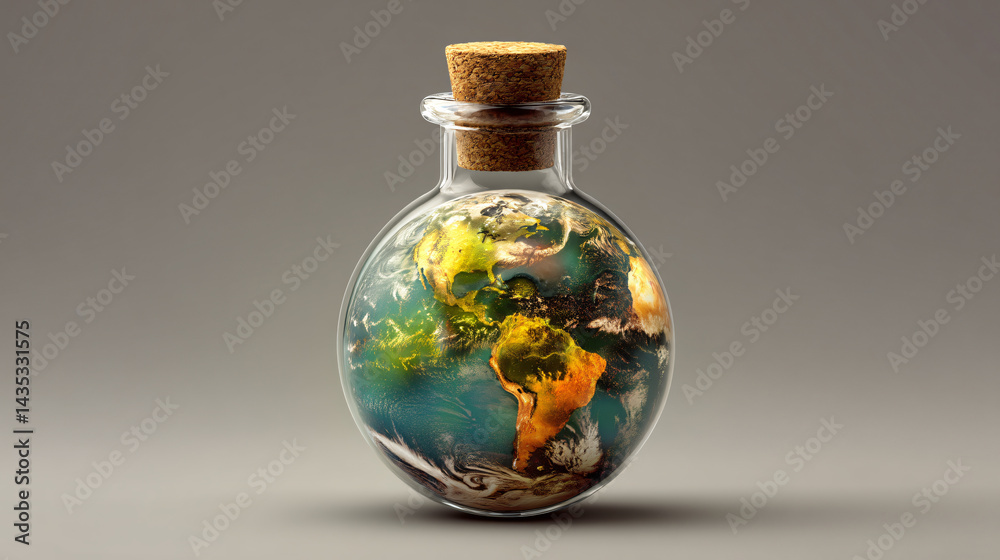 Our Fragile World: A miniature Earth nestled inside a glass bottle with a cork stopper, symbolizing the planet's vulnerability and the need for environmental protection.