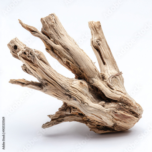 Obraz na płótnie Aged driftwood : A weathered piece of driftwood, its gnarled surface and intricate patterns tell tales of time and the elements, evoking a sense of rugged beauty and natural resilience. w salonie