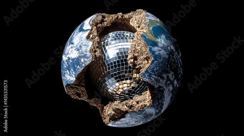 Obraz na płótnie Earth Exposed: A conceptual composition unveils a disco ball heart at the core of the planet, symbolizing the intersection of nature and celebration, a unique and thought-provoking visual. w salonie