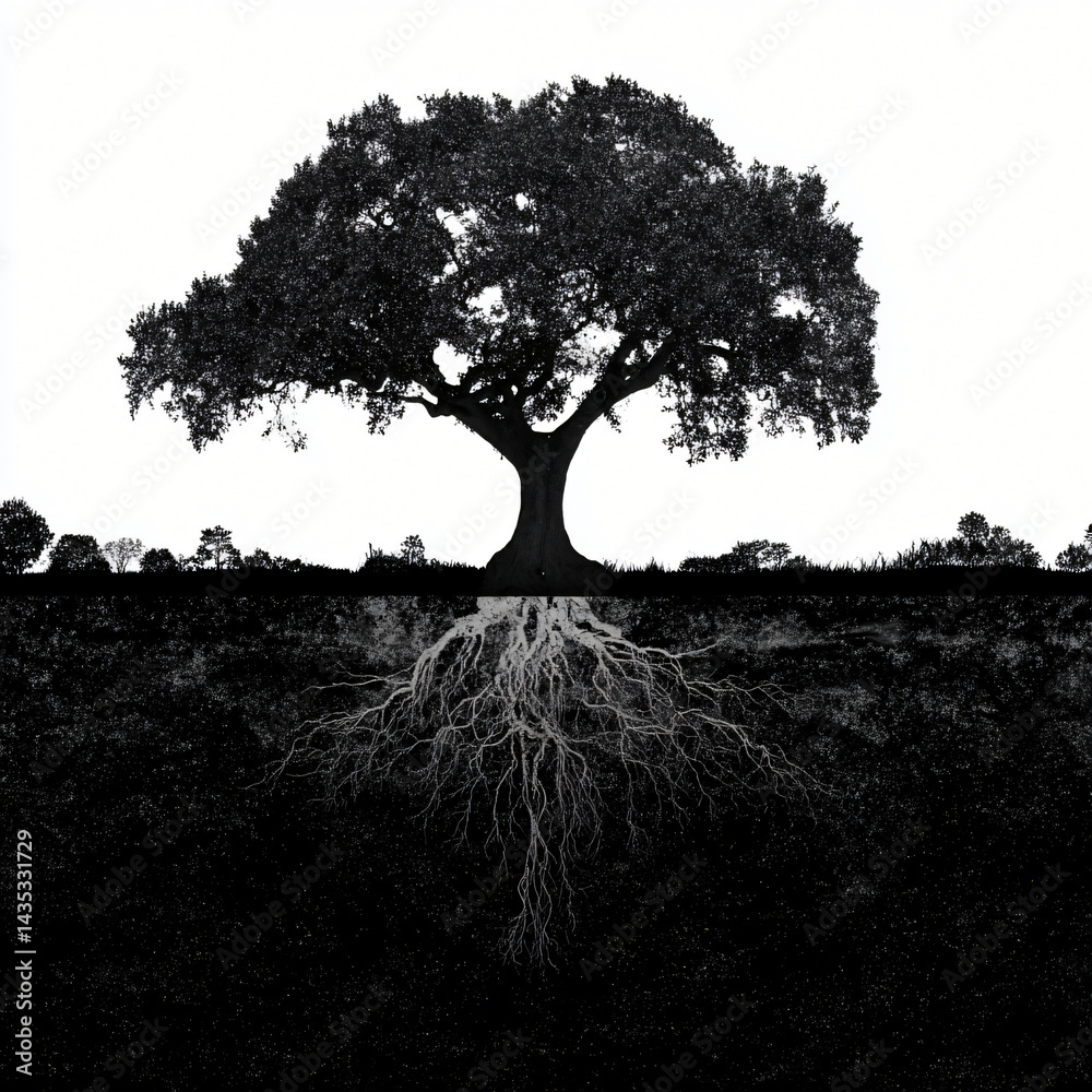 Tree Roots: Majestic oak tree with expansive root system, showcasing strength, resilience, and connection to the earth. A striking black and white image.