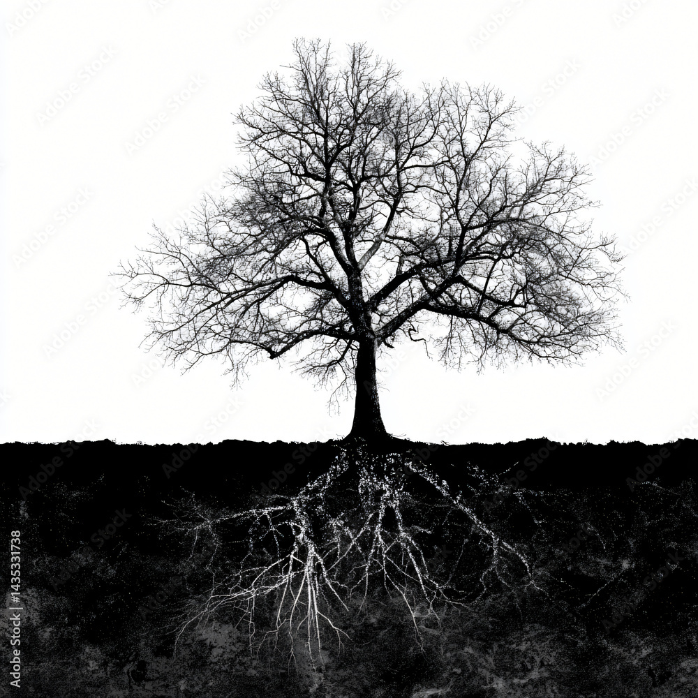 Silhouette of Rooted Solitude: A stark silhouette of a solitary tree, its intricate branches reaching towards the sky. Emphasizing the hidden, anchoring roots below.