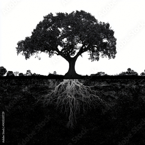 Obraz na płótnie Tree Roots: Majestic oak tree with expansive root system, showcasing strength, resilience, and connection to the earth. A striking black and white image. w salonie