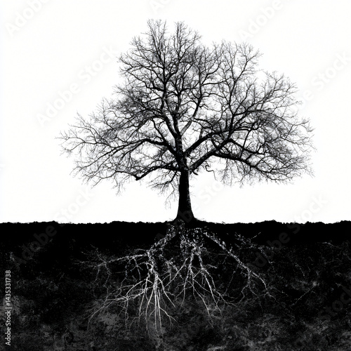 Obraz na płótnie Silhouette of Rooted Solitude: A stark silhouette of a solitary tree, its intricate branches reaching towards the sky. Emphasizing the hidden, anchoring roots below. w salonie