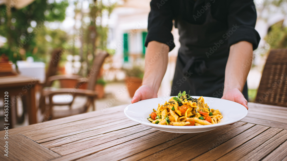 Restaurant's Culinary Offering: A dedicated server gracefully presents a beautifully plated dish in a charming outdoor dining setting, evoking a sense of culinary excellence.