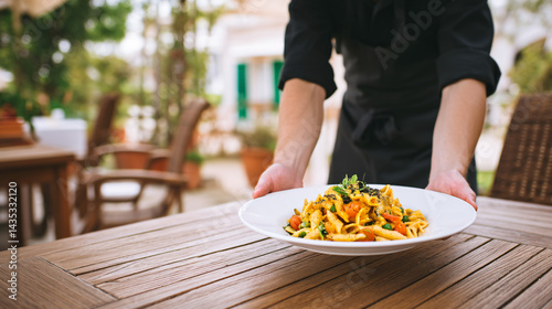 Obraz na płótnie Restaurant's Culinary Offering: A dedicated server gracefully presents a beautifully plated dish in a charming outdoor dining setting, evoking a sense of culinary excellence. w salonie