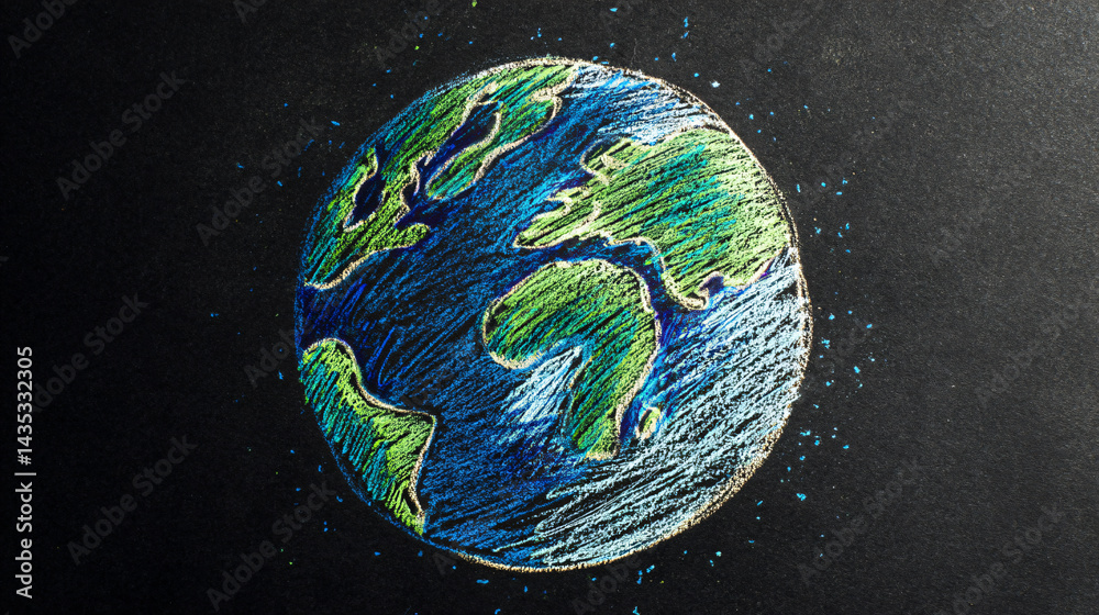 Earth Chalk Art: An artistic representation of Earth in a vibrant chalkboard style, conveying a sense of global unity and environmental awareness, symbolizing the planet.
