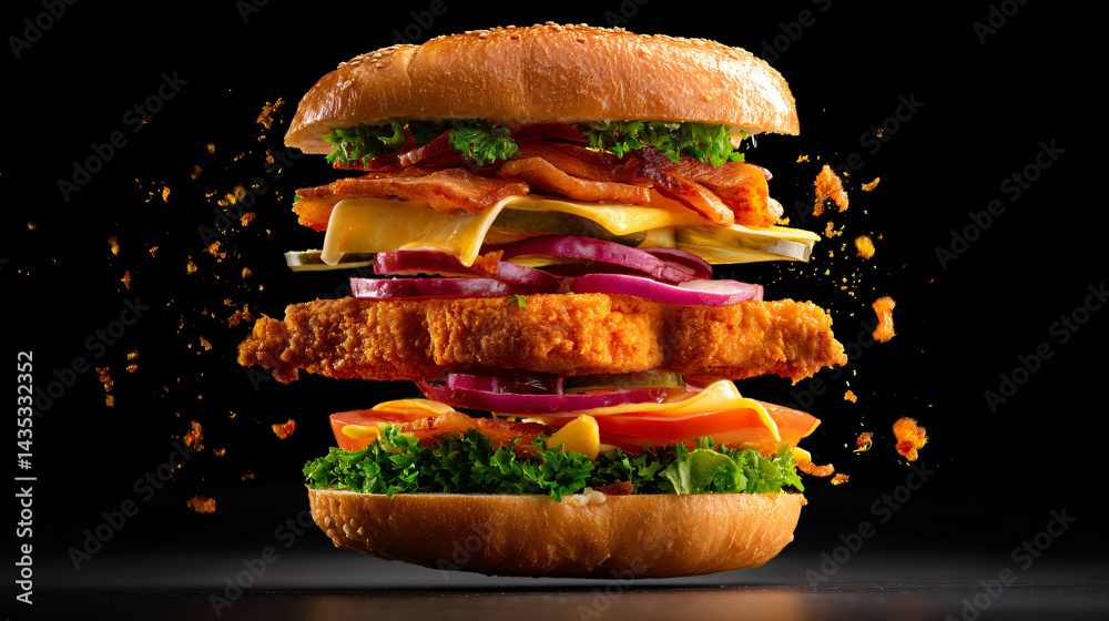 Mouthwatering Gourmet Burger: a top-angle perspective showcases a meticulously crafted gourmet burger with floating elements, a culinary symphony.