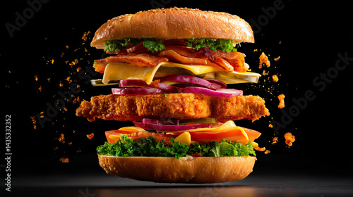 Obraz na płótnie Mouthwatering Gourmet Burger: a top-angle perspective showcases a meticulously crafted gourmet burger with floating elements, a culinary symphony. w salonie