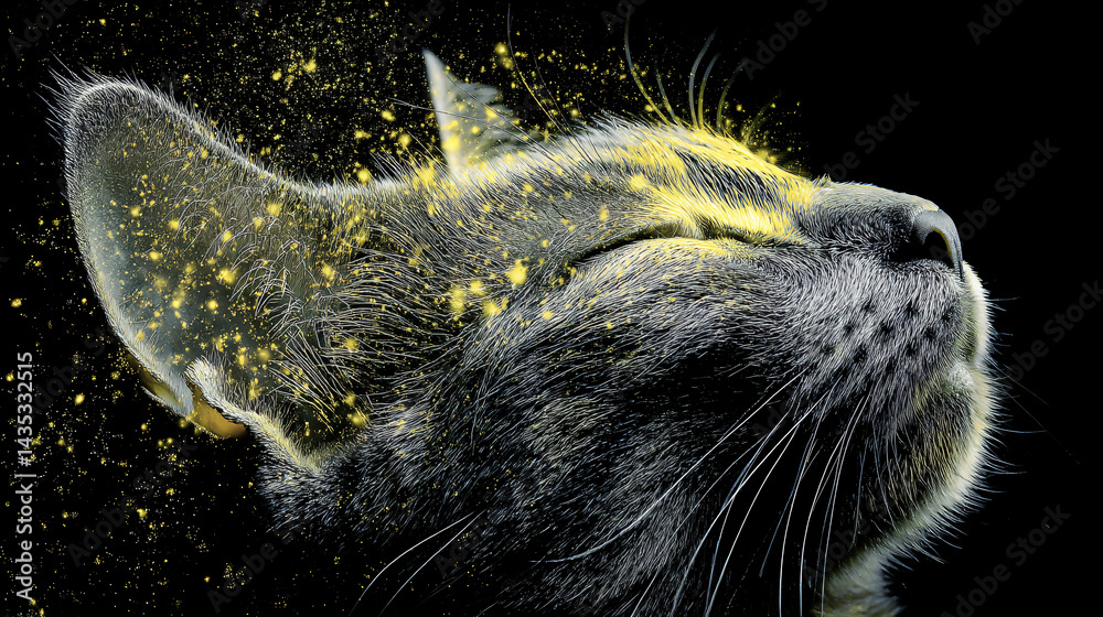 Whimsical Cat with Artistic Touch: A striking profile of a gray cat is enlivened by vibrant golden particles that dance and sparkle, creating an artistic portrayal.