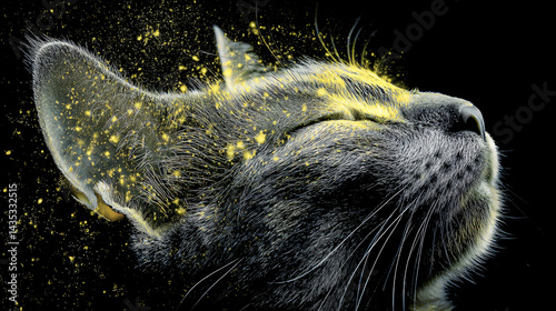Obraz na płótnie Whimsical Cat with Artistic Touch: A striking profile of a gray cat is enlivened by vibrant golden particles that dance and sparkle, creating an artistic portrayal. w salonie