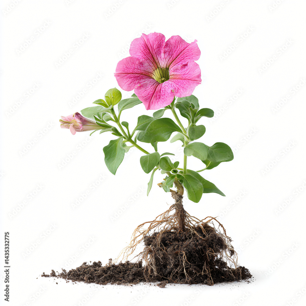 Petunia Unveiled: A singular petunia bursts into vibrant bloom, its delicate pink petals showcasing nature's intricate design, while the earthy roots reveal the life-giving foundation.