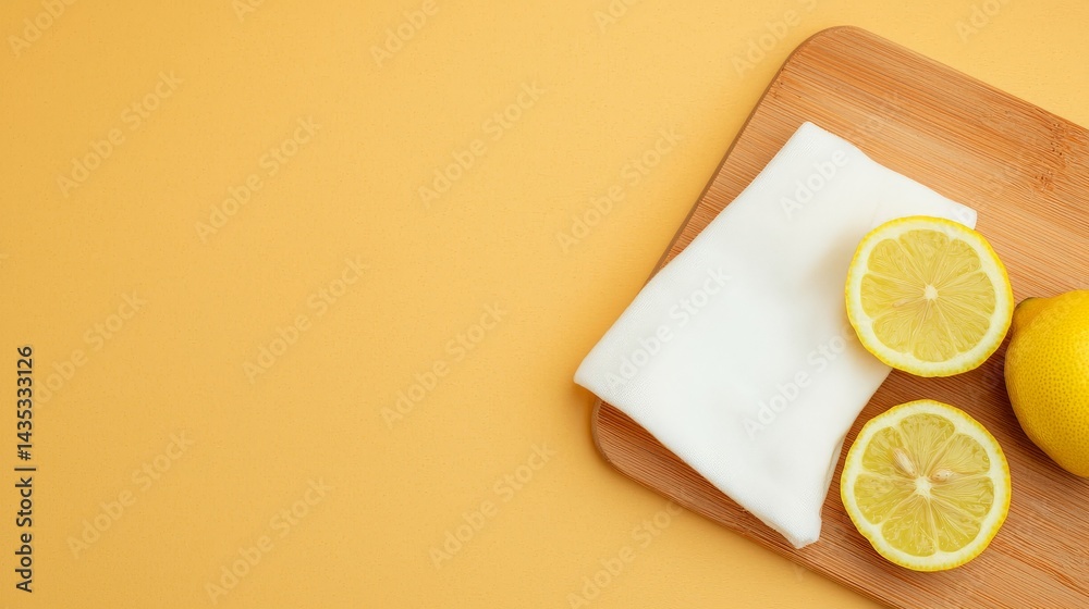 A wooden cutting board features fresh lemon slices and a white cloth on a vibrant yellow background, creating a bright, cheerful kitchen scene.
