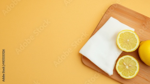 Obraz na płótnie A wooden cutting board features fresh lemon slices and a white cloth on a vibrant yellow background, creating a bright, cheerful kitchen scene. w salonie