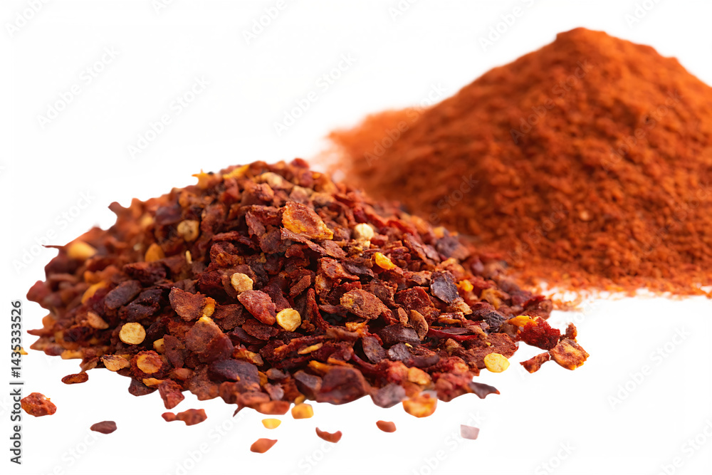 Close up spicy chili red pepper flakes, chopped, milled dry paprika pile isolated on white background Close up spicy chili red pepper flakes, chopped, milled dry paprika pile isolated on white background