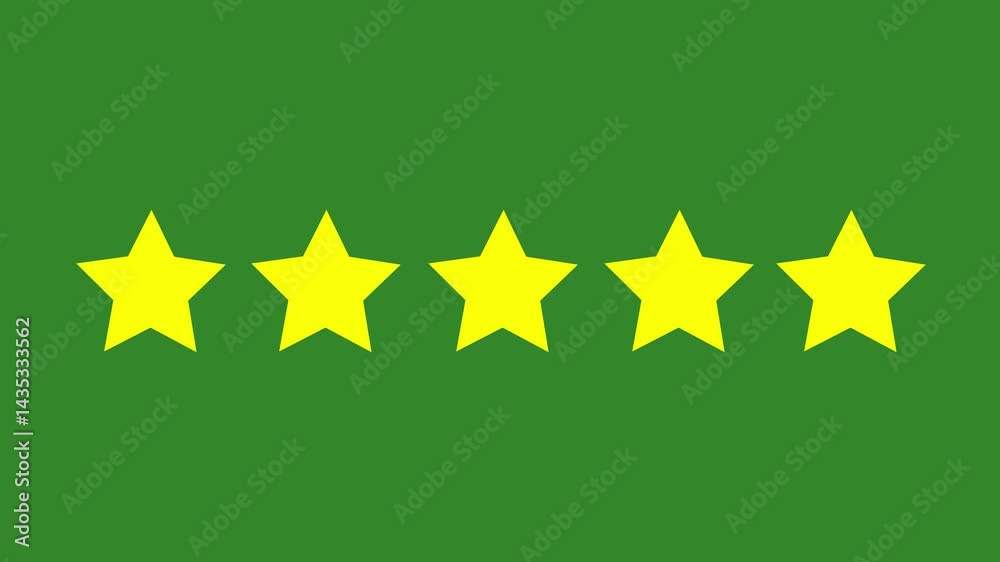 Five star rating icon animated video ,animation video isolated on alpha channel background. Animated of 5 stars rating isolated on transparent green background with alpha channel in 4K