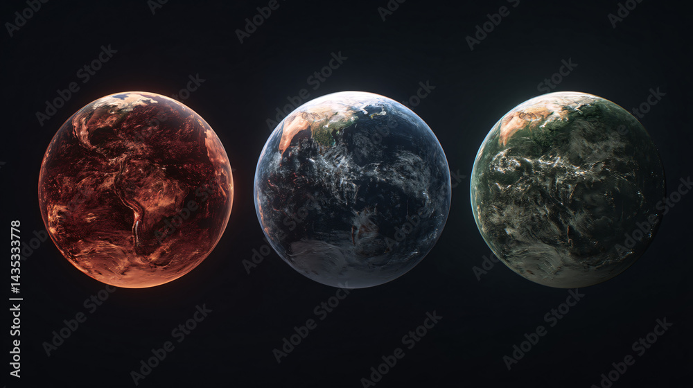 Three Earth Scenarios: A compelling triptych showcases three distinct hypothetical versions of planet Earth—a scorched, a present-day, and a lush.