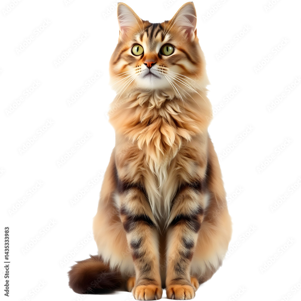 Fototapeta premium fluffy tabby cat sitting upright. png isolated background. transparent background