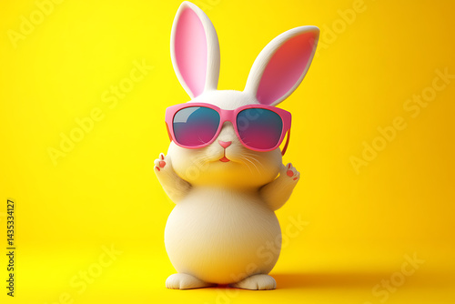 A playful cartoon rabbit wearing stylish sunglasses stands against a vibrant yellow backdrop