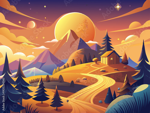 A dreamy vector of a golden-hour hill scene with glowing tones, placed on a light peach background