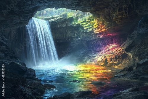 Wallpaper Mural Colorful waterfalls cascade in a serene cave with rainbow hues and tranquil waters Torontodigital.ca