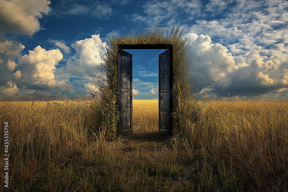 Mysterious door stands alone in a golden field under a dramatic sky Mysterious door stands alone in a golden field under a dramatic sky