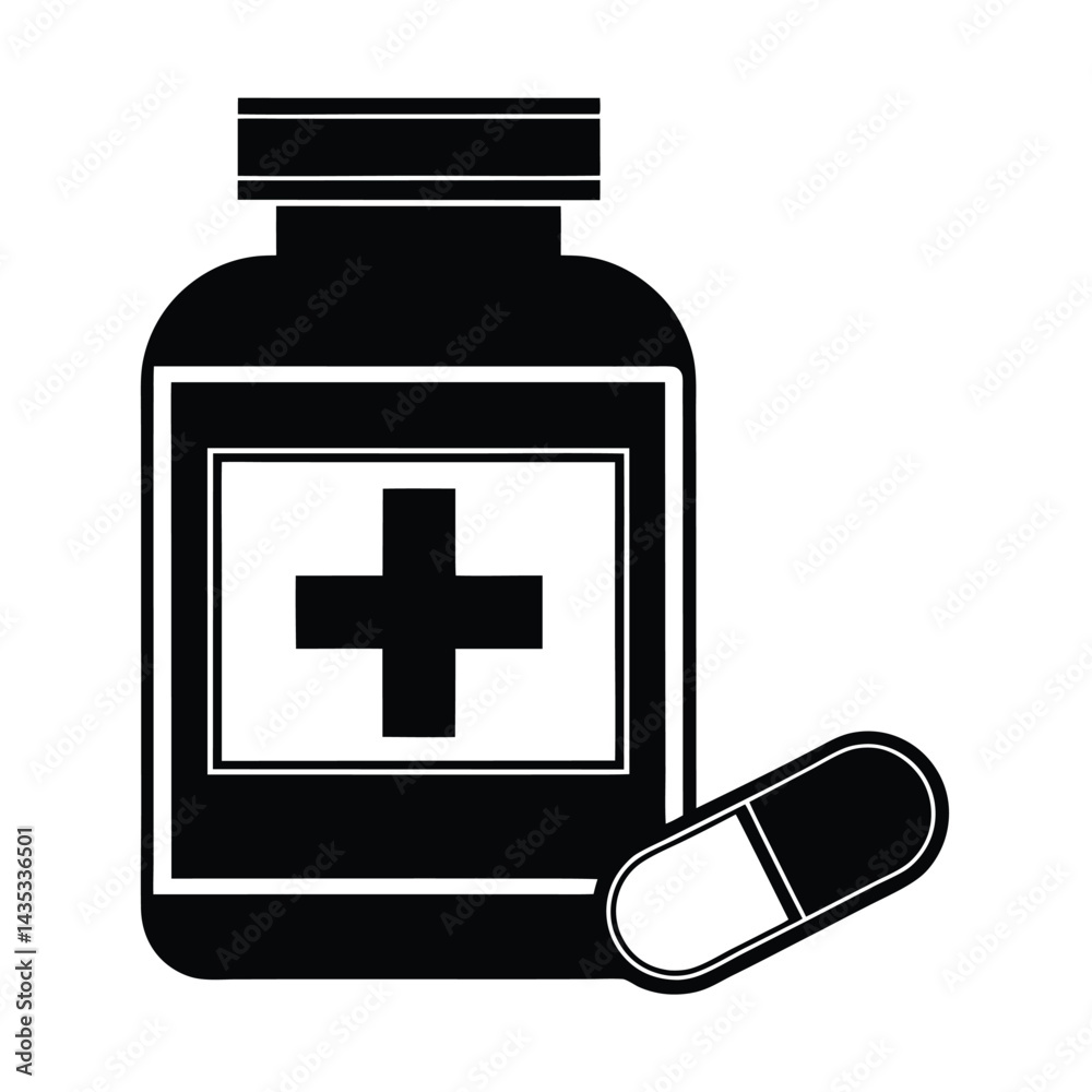 Obraz premium A silhouette medicine bottle with a cross symbol and a capsule vector Art & Illustration