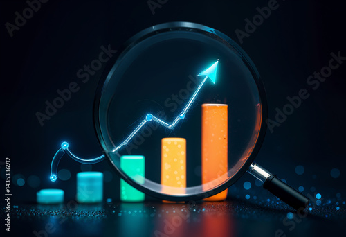 business graph with magnifying glass and arrow