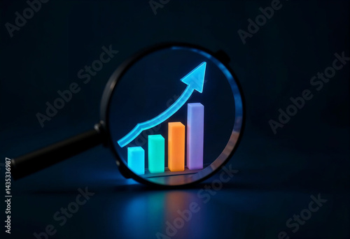 business graph with arrow and magnifier